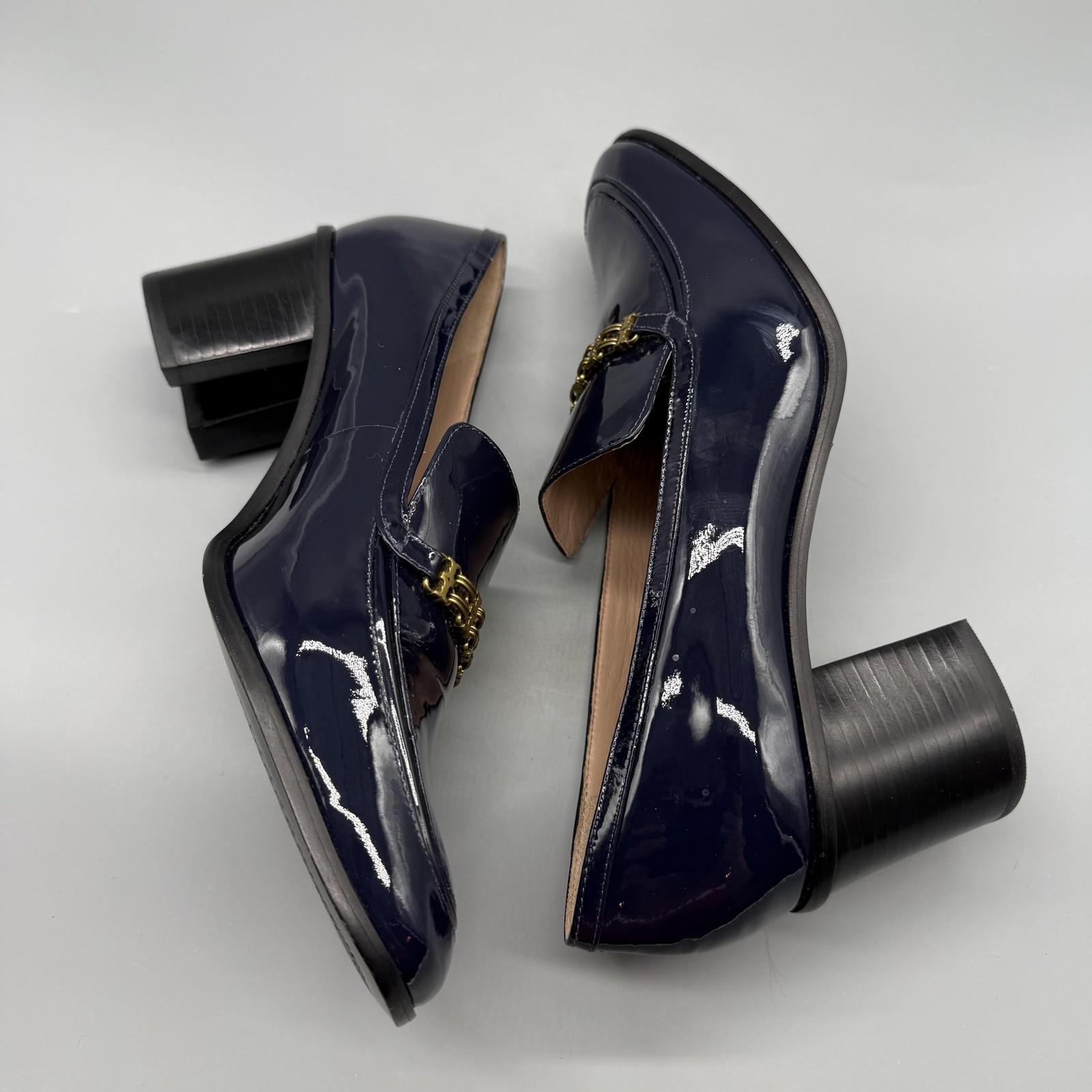 Tory Burch Shoes Womens Size 10.5 Blue Patent Leather Block Heel Pumps Loafers thumbnail 10
