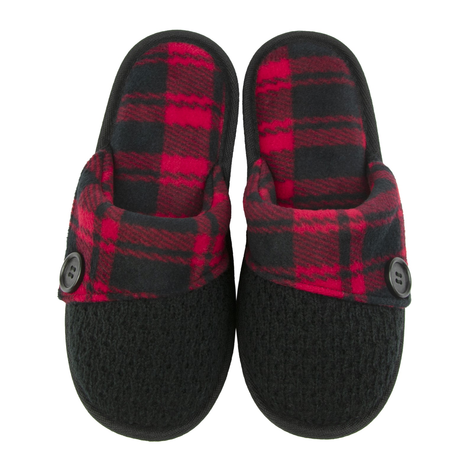 Woodland Creek Women's Chenille Knit Red and Black Plaid Slipper, Small