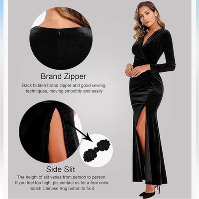 Elegant Velvet/ Deep V-neck, long sleeve, side slit, long length empire waist XL