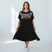 Shein Curve Black Embroidered Floral Bird Babydoll Mini Dress 0XL MEDIUM Boho