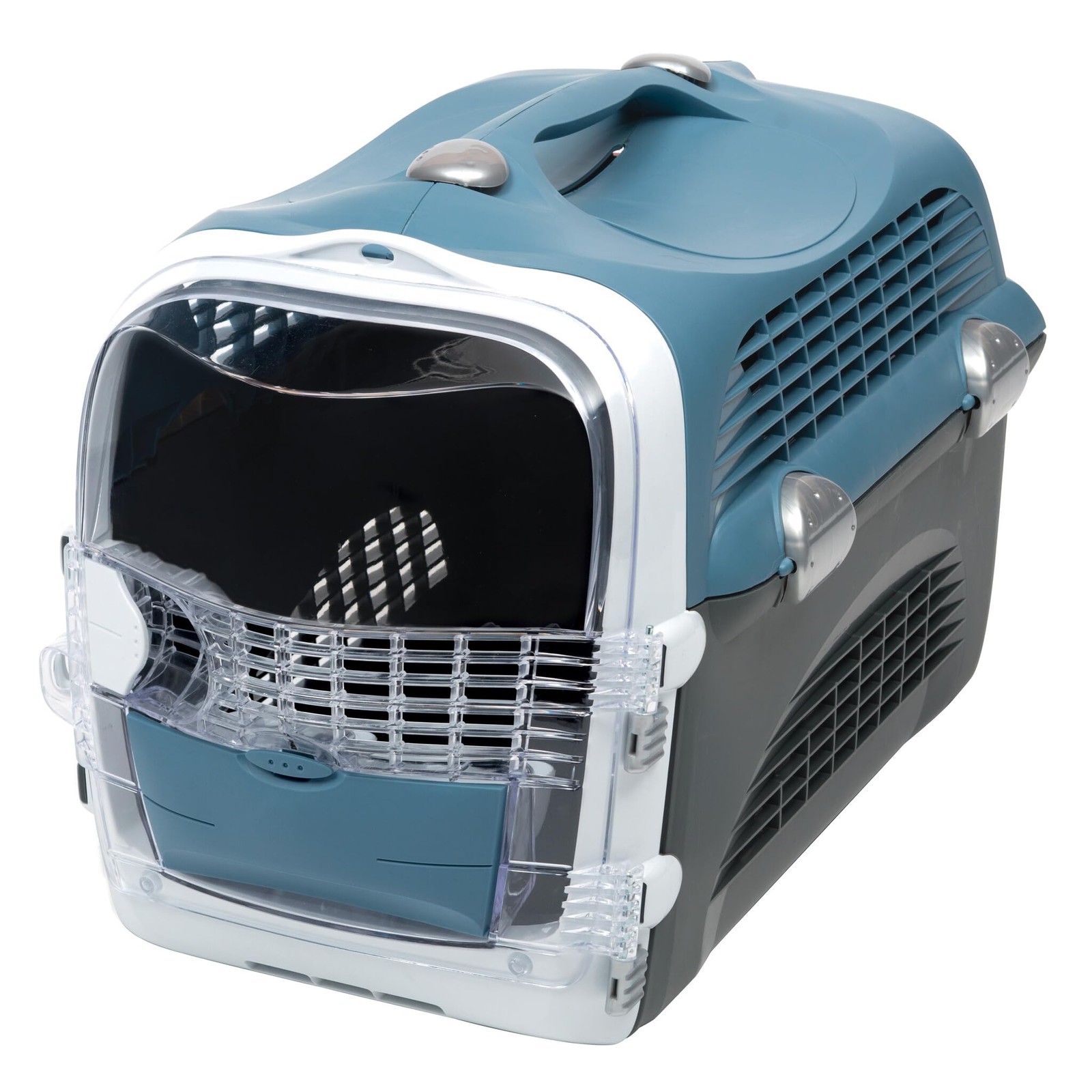 Porte-chat Cabrio bleu gris cage transport plastique rigide