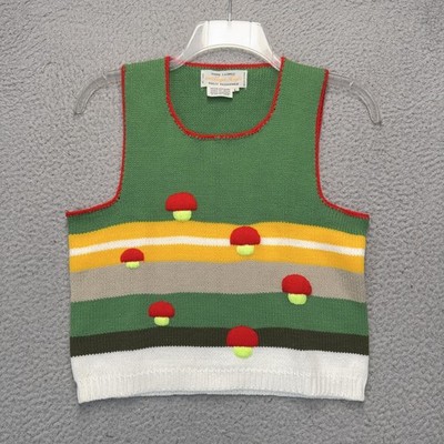 Vintage Mushroom Sweater Vest Boys Large Green Stripe Knit Acrylic 70s