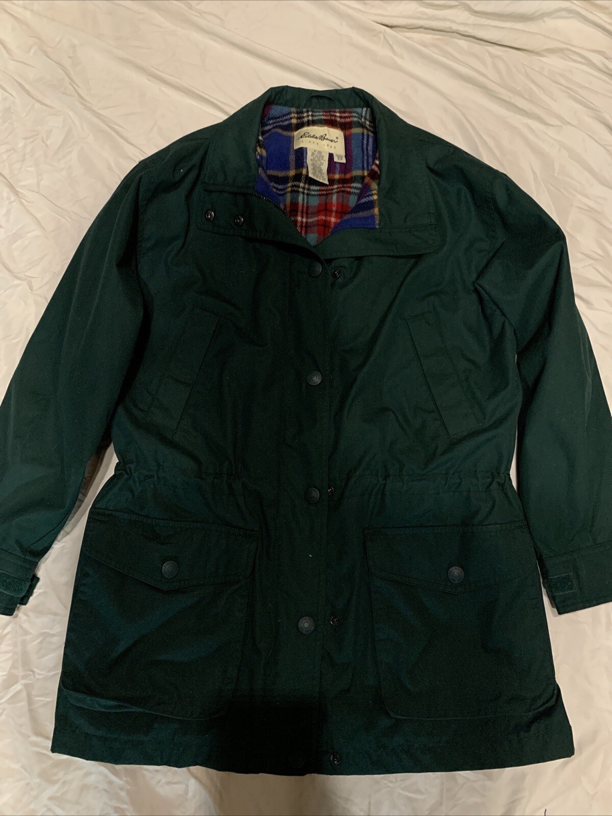 VTG Eddie Bauer Jacket Women Small Green  Wool Lined Chore Barn Coat Pockets