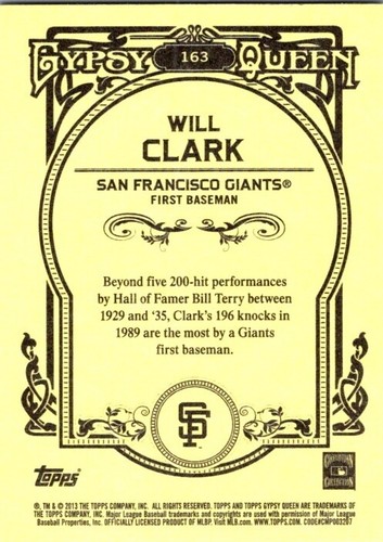 2013 Topps Gypsy Queen - Will Clark #163 - Picture 2 of 2
