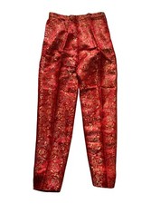 Metallic Jacquard Tapered Leg Pants Women's Orange Floral Bohemian Hippie