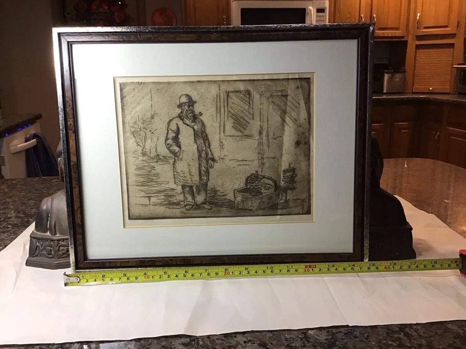 HERMANN STRIKED Grabado Original Firmado a Mano PRETZEL VENDEDOR HOMBRE 15”x12” ENMARCADO Foto 2 de 4