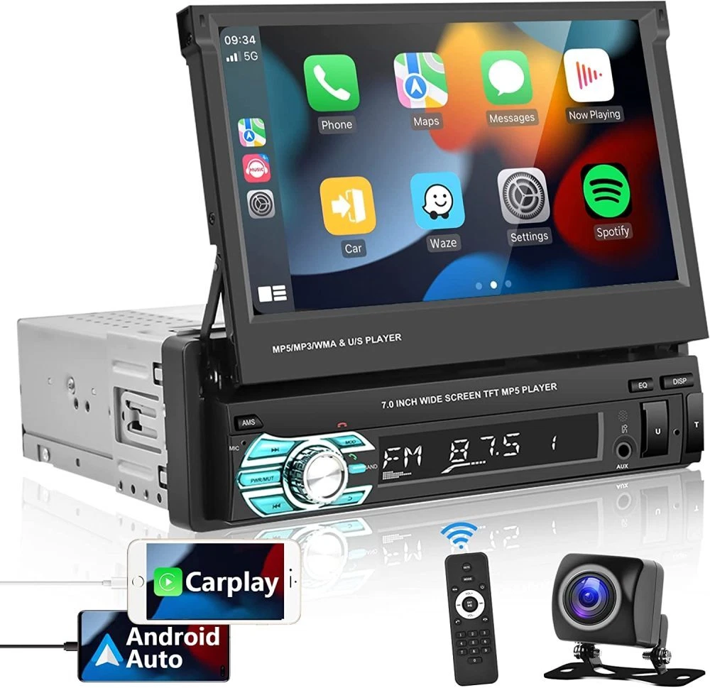 1 Din 7" Flip Out Car Radio Stereo Touch Screen Apple Carplay.