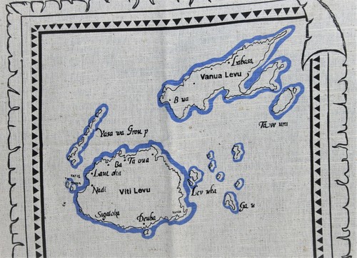 Jet-tex Linen Souvenir Tea Towel Hand Printed Map Fiji Islands Sea Shells - Imagen 2 de 6