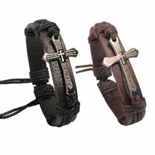Mens Womens Genuine Leather Christian Bible Cross Adjustable Cuff Bracelet B550