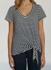 Matty M Ladies' V-Neck S/S Tie Shirt Indigo-Stripe
