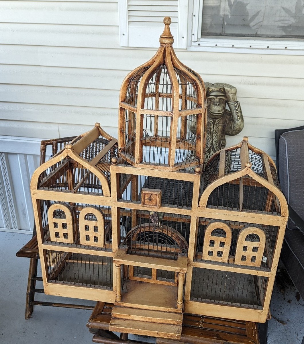 Antique French Victorian Wood & Metal Wire Dome Bird Cage House