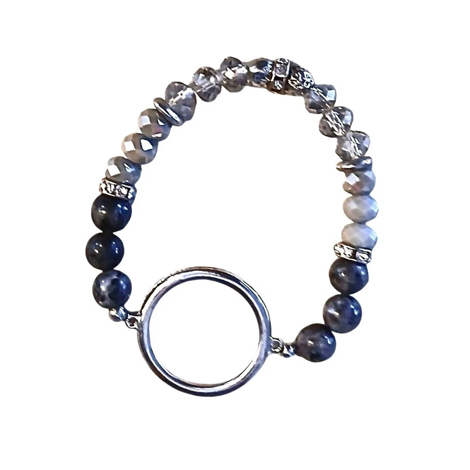 银色水晶黑曜石水钻手链女式串珠圆形珠光 — 第 2/4 张图片