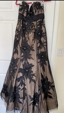 Jovani Beige Black Floral Appliqu  Tulle Formal Prom Dress