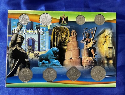 Vintage Iraq Saddam Hussein 8 Coins 5 Fils - 1 Dinar Set Souvenir Package.