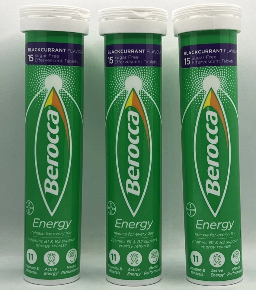 3x Berocca Energy Blackcurrant Flavour 15 Effervescent Tabs (45 Tablets Total )