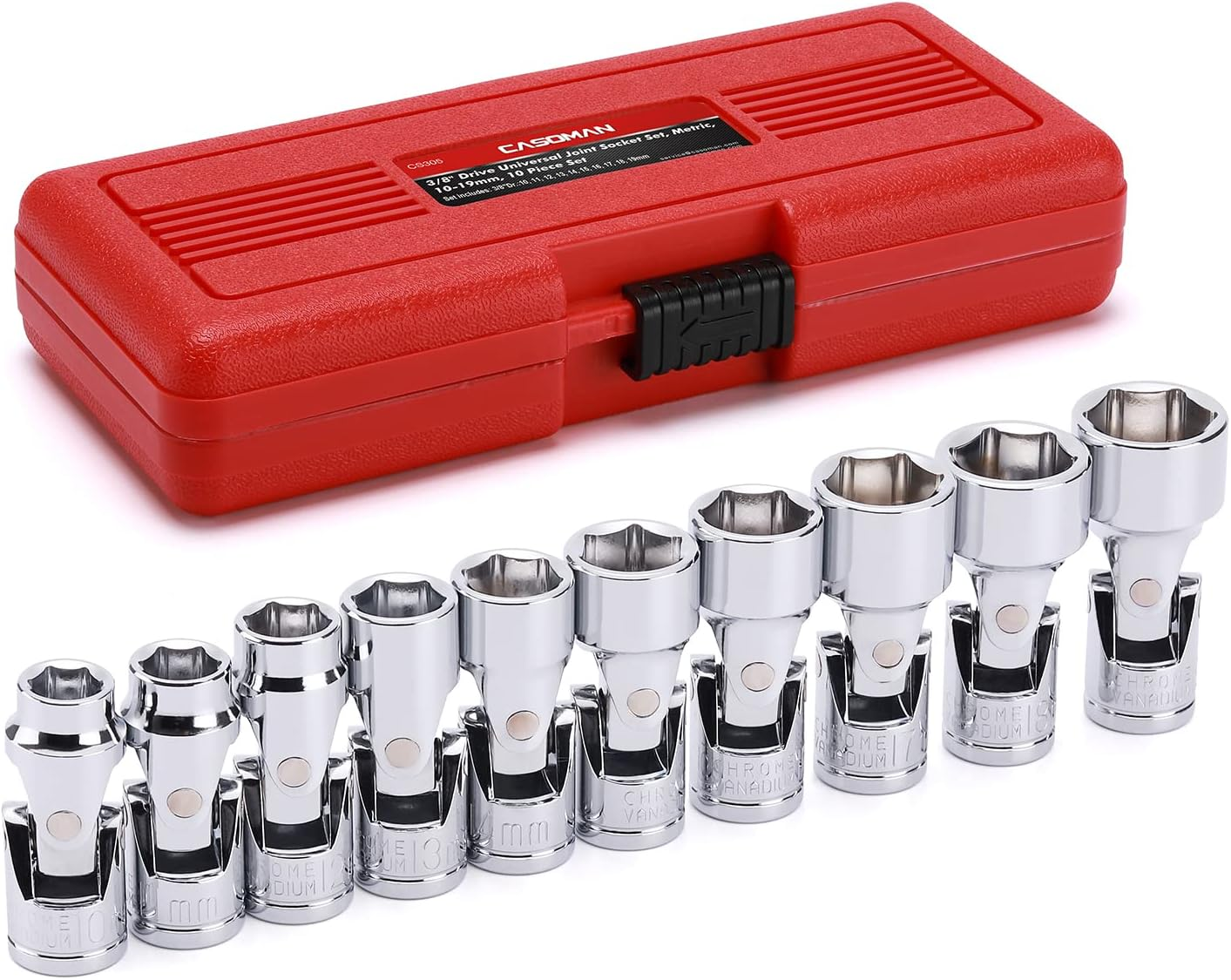 3/8 Inch Drive 10-Piece Universal Joint Socket Set 6-Point Cr-V Flex Sockets