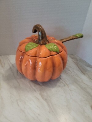 HARVEST Ceramic Lidded Pumpkin Shaped Soup Tureen w/ Ladle Thanksgiving