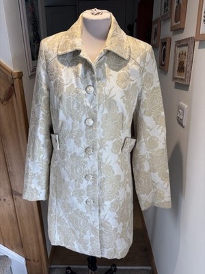 Vintage Warehouse Ivory & Gold Metallic Jacquard Button Up Pea Coat UK 14