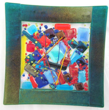 Fused Art Glass Multicolor Dichroic Square Tr...