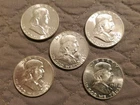 Franklin Half Dollars 1963 90% Silver, Lot of 5