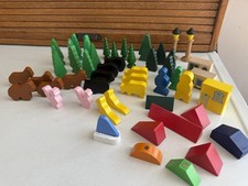 Large lot Of 52 Pc Vintage Wood Brio Animals Trees Houses Shapes Lights