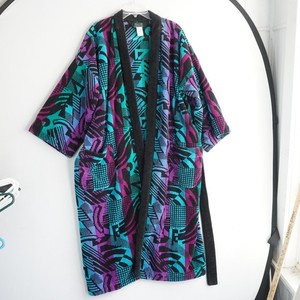 Vintage 80s Geometric Terry Cloth Robe Teal Purple OS Turkish Cotton Retro Funky