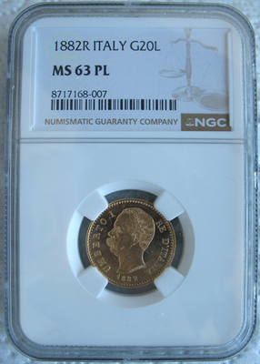 1882-R Italy Gold 20 Lire NGC MS-63 PL | eBay