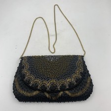 2000s Royal Black And Gold Beaded Shoulder Evening Formal Purse 5"x8.5  width