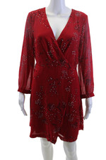 Madewell Women Red Floral V-Neck Wrap Dress Long Sleeve Zip Polyester Size 8