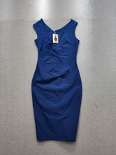 Muxxn Women Midi Dress L Blue V Neck Sleeveless Back Zip Stretch Bodycon Stylish
