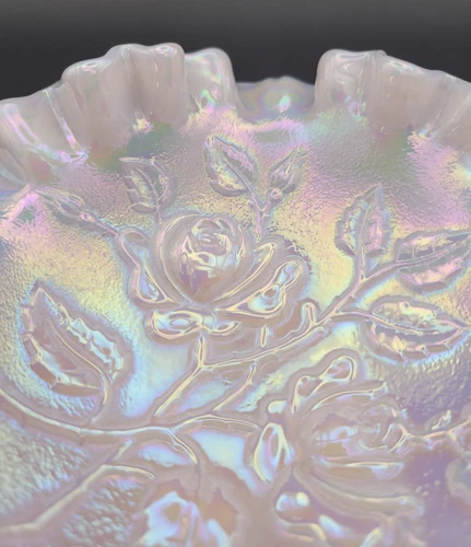 Vintage Romantic Fenton Pink Opalescent Ruffled Rose Basket Cottagecore Décor