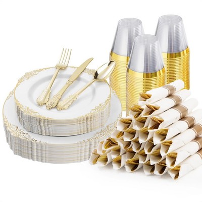 175PCS Gold Plastic Plates for 25 Guests, Disposable Dinnerware Sets Include ...