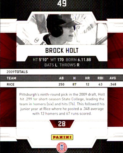 Brock Holt 2009 Donruss Elite Extra Edition #49 Pirates HOF FREE SHIPPING - Picture 2 of 2