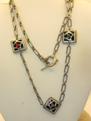 Vintage Ginnie Johansen Square Station Necklace Black and Multi Color Enamel
