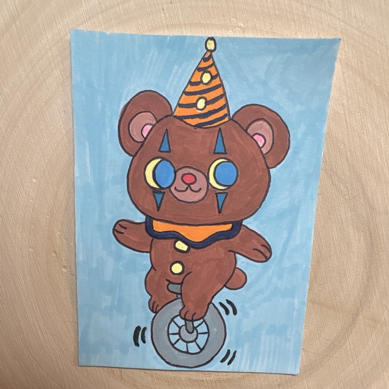 ACEO Original Bear Clown, Unicycle, Circus, Part of a Collection of 4