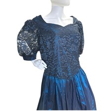 Vintage 80s Blue Iridescent Taffeta Lace Puff Sleeve Prom Ball Gown Dress Bow