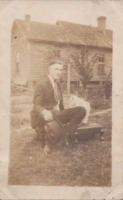 Dapper Man Cravat Fedora with Little White Dog Cute 1920s VINTAGE PHOTO ORIGINAL
