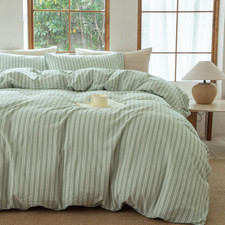Sage Green Striped Duvet Cover Set, 100 Washed Cotton, King Size