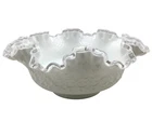 Vintage Fenton Milk Glass Ruffled Bowl W/ Embossed Pattern & Clear Edge Trim