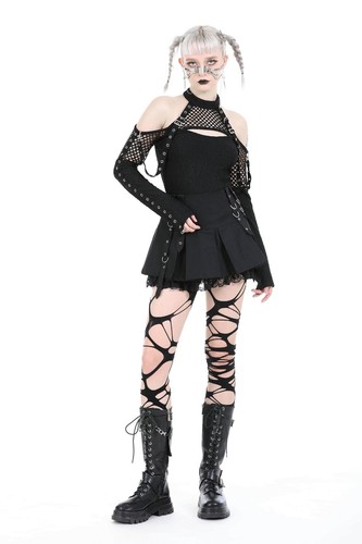 DARK IN LOVE Black Gothic Punk Locomotive Net Cutout Top Steampunk Women T-Shirt - Picture 3 of 19