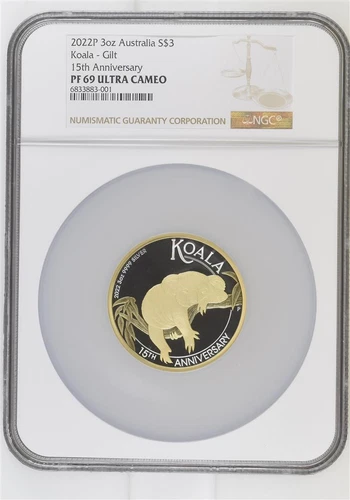 Australia 2022 P Koala 15th Anniversary 3oz Silver Gilt $3 Coin NGC PF69