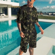 Summer Men Camouflage Casual Outfit Short Sleeve T-Shirts Shorts Sweatsuit Set