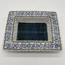 Blue And White Porcelain Tile Trim Wire Wicker Decorative Basket 12”x9.5”x2.5”