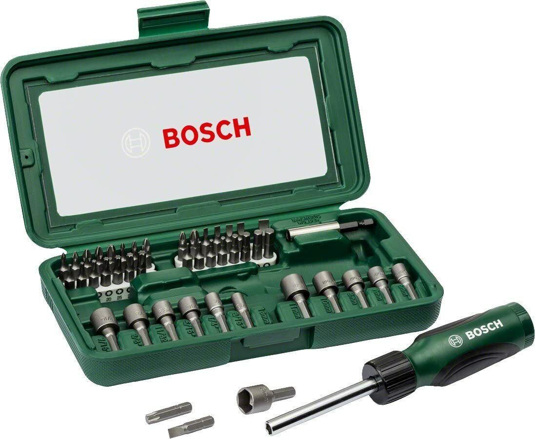 Bosch 46 piezas,destornillador manual,32 puntas,12 llaves vaso,soporte,de acero