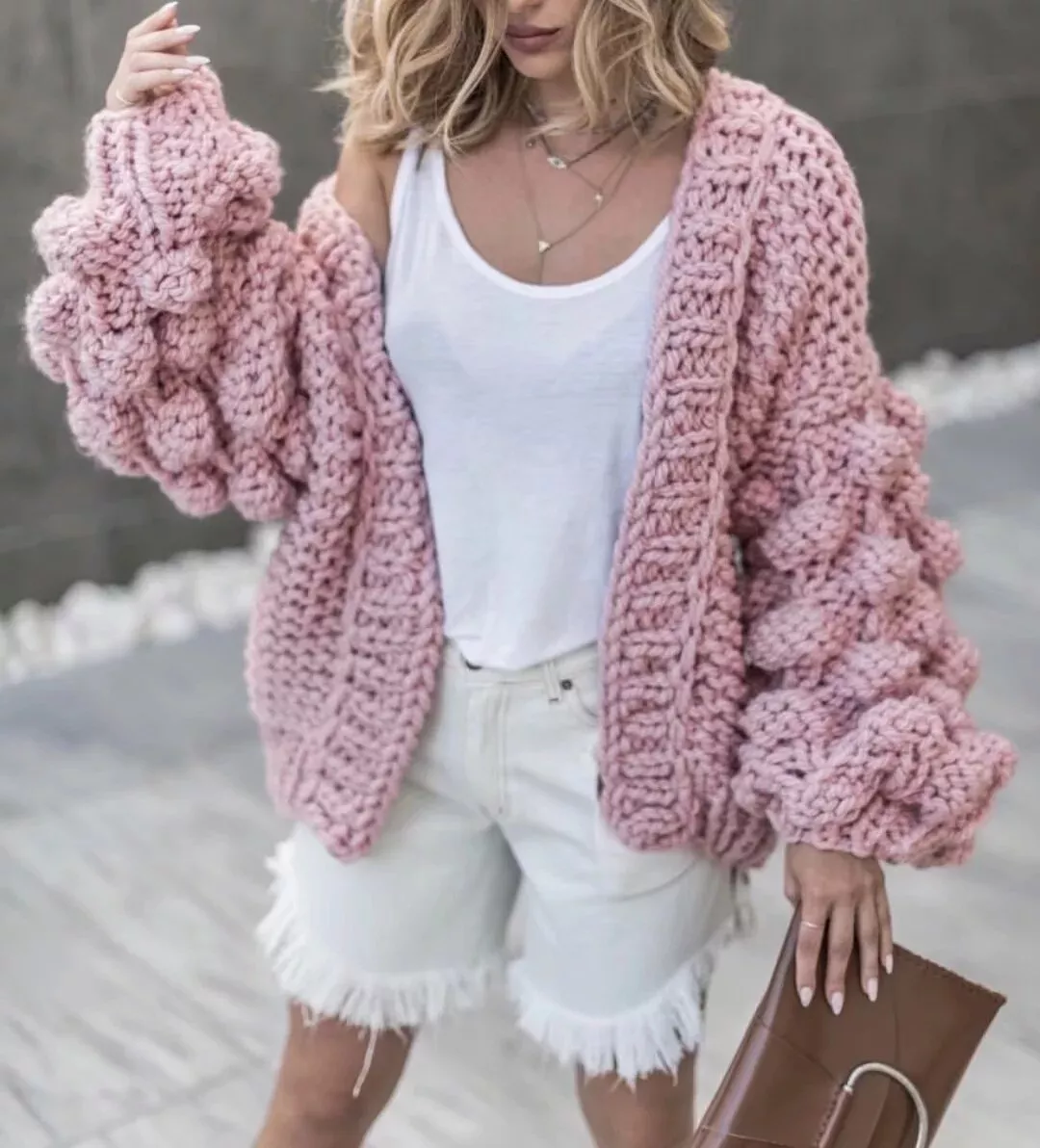 Womens Handmade Ball Puff Sleeve Sweaters Cardigan Jackets Coats Knitting  Autumn