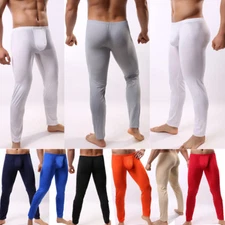 Ice Silky Men's Solid Long Johns Sexy Trousers Slim Fit Pants Underwear Bottom