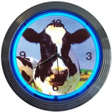 Neon clock sign Cow Dairy Beef Farm Barn kitchen wall lamp light ice cream shop