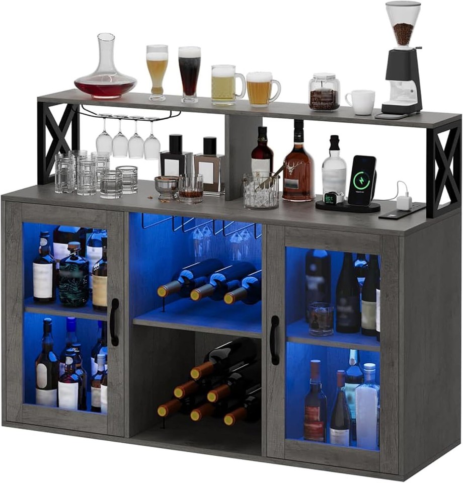 Coffee Bar Table with Power Outlet LED Light Liquor Wine