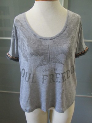 Rosa Cha ''Soul Freedom'' Distressed Embellished Sleeve Hi-Lo Hem TShirt Size S