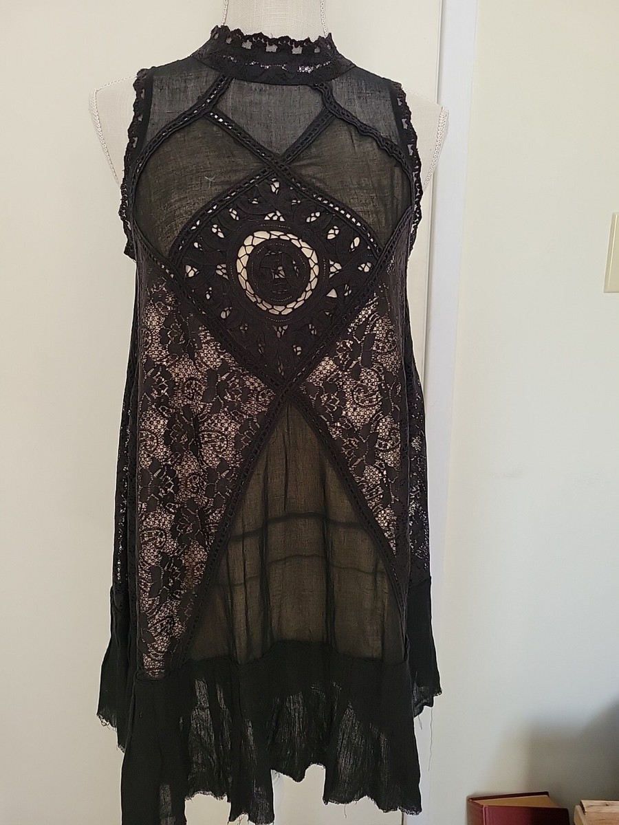 Free People Black Cotton Lace Swing Dress open back XS/S Free People Black Cotton Lace Swing Dress open back XS/S